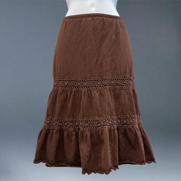Y2K Fairycore Brown Boho Peasant Skirt Tiered Ruffle Hem Crochet Trim - Picture 1 of 7